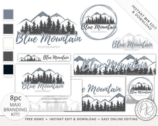 8pc Maxi Branding Kit Rustic Mountains Instant Download Logo Design  | DIY Editable Template | Premade logo | Brand Kit BM-001