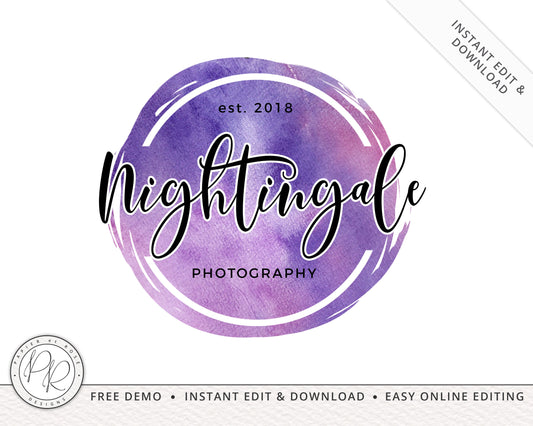 Editable Watercolor Brushstroke Circle Photography Premade Logo  |  Instant Edit Online  |  Custom Business DIY Logo | Editable Template