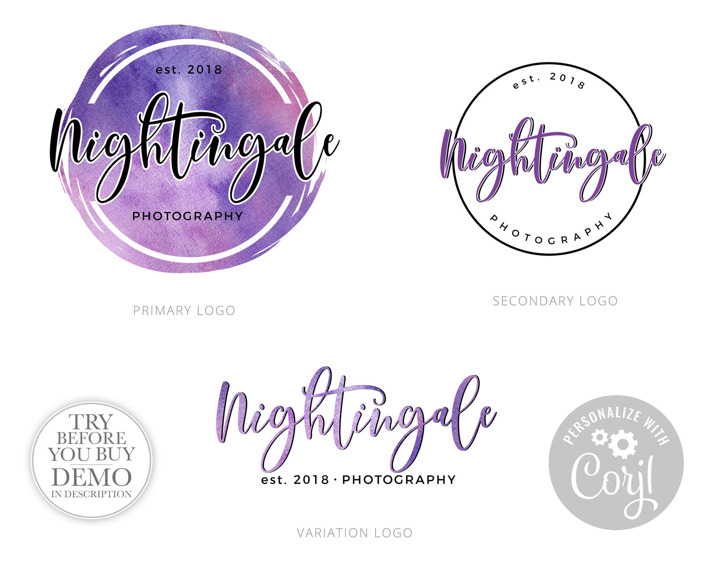 Editable Business Logo Suite Instant Download Watercolor Photography Circular Logo  |  Edit Yourself Online Premade Business DIY Logo NP-001