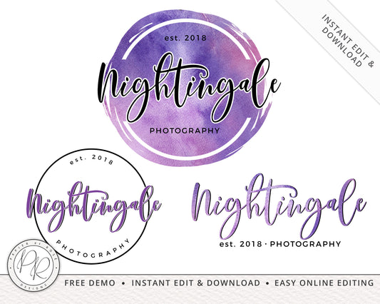 Editable Business Logo Suite Instant Download Watercolor Photography Circular Logo  |  Edit Yourself Online Premade Business DIY Logo NP-001
