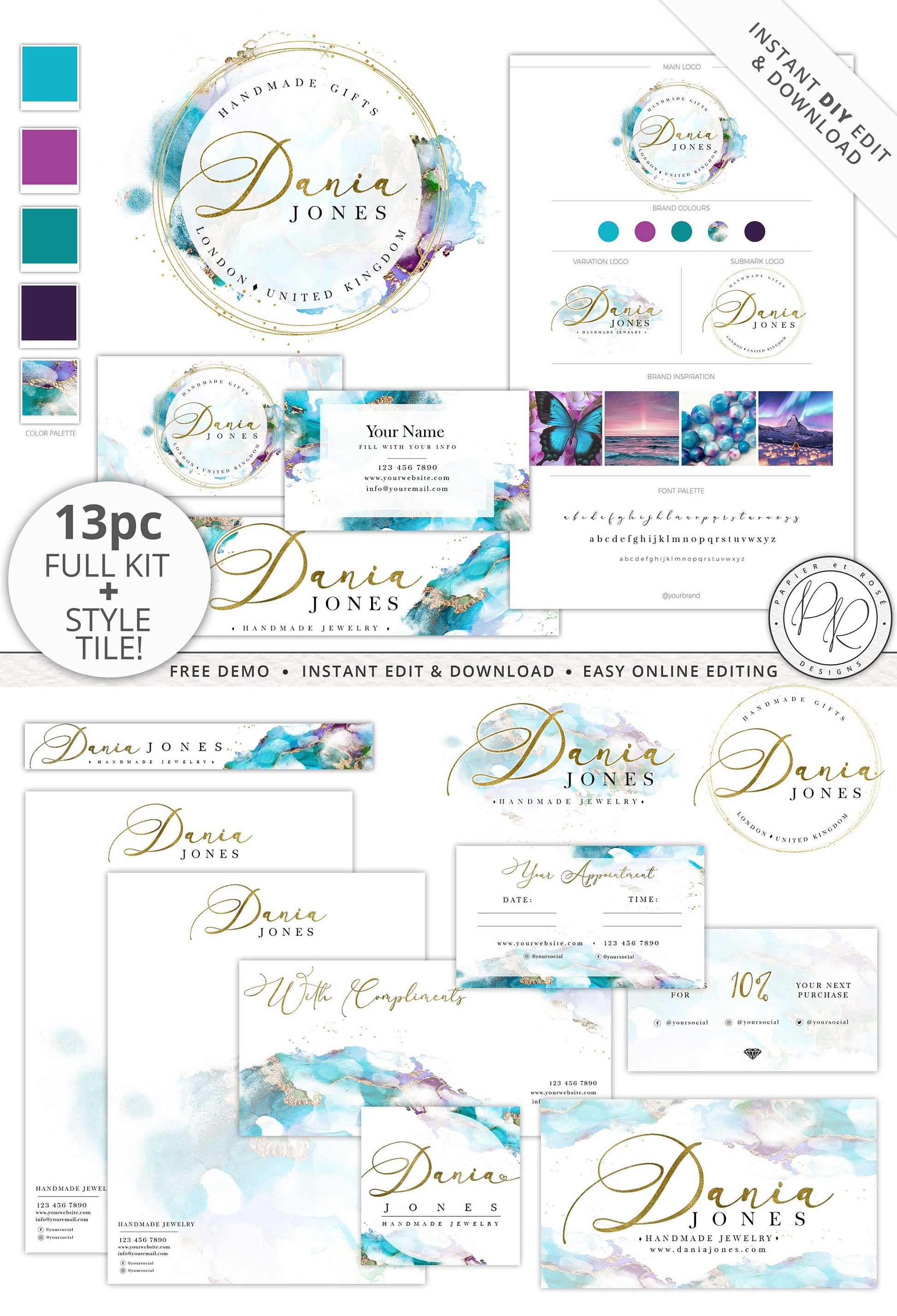13pc Full Branding Plus Brand Board Marble Watercolor Logo Kit  |  DIY Instant Editable Template  | Premade Business Startup logo DJ-001