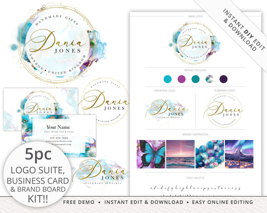 Editable Premade 5pc Watercolor Marble Logo Suite Business Card & Brand Board / Style Tile Branding Package | Instant Edit Yourself DJ-001