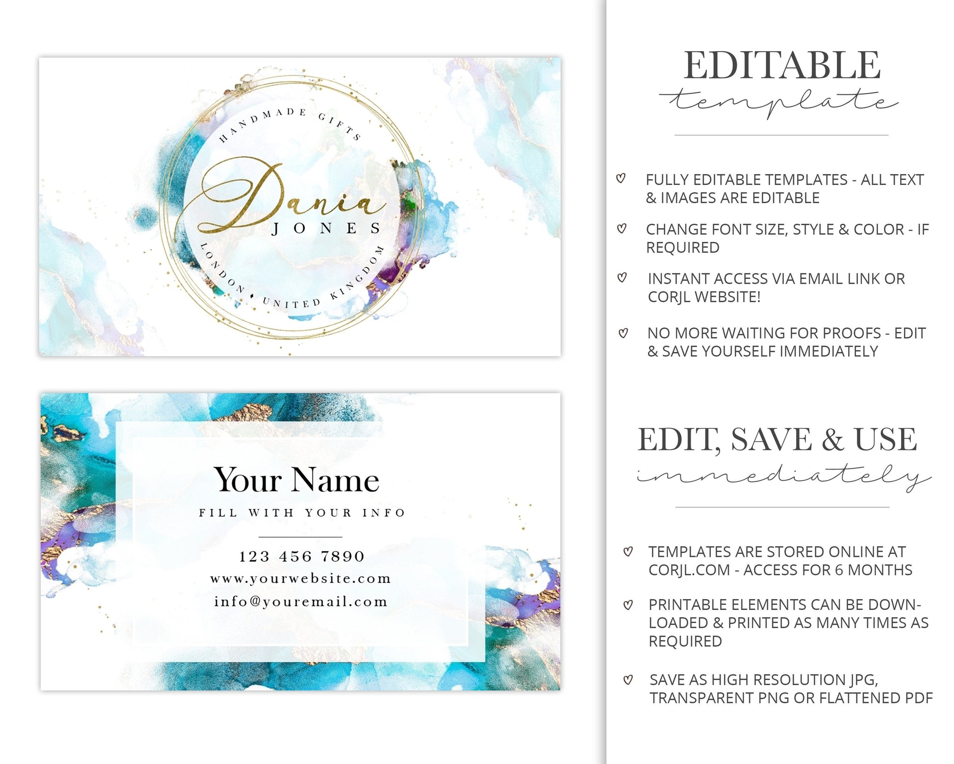 Editable Premade 5pc Watercolor Marble Logo Suite Business Card & Brand Board / Style Tile Branding Package | Instant Edit Yourself DJ-001