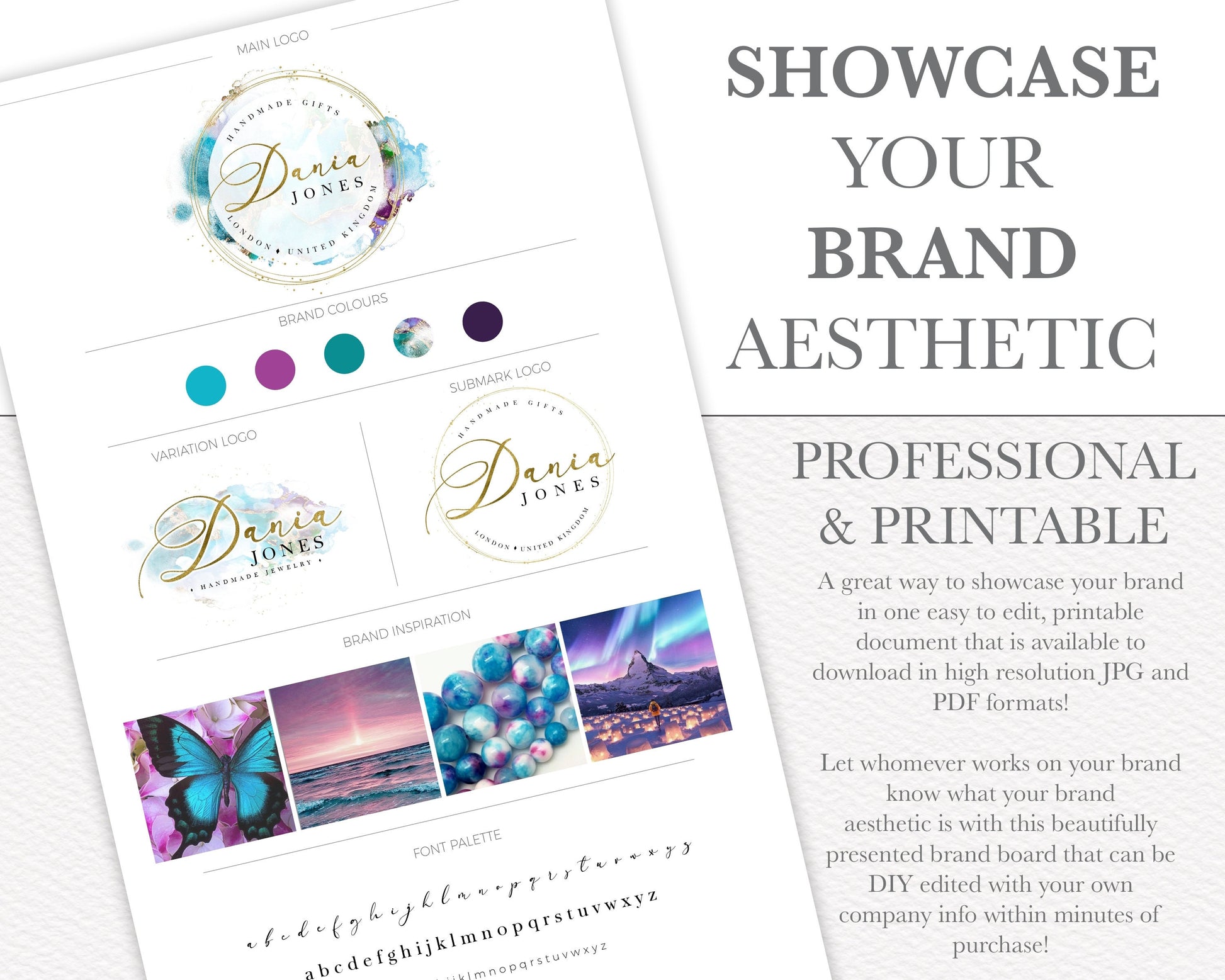 Editable Premade 5pc Watercolor Marble Logo Suite Business Card & Brand Board / Style Tile Branding Package | Instant Edit Yourself DJ-001
