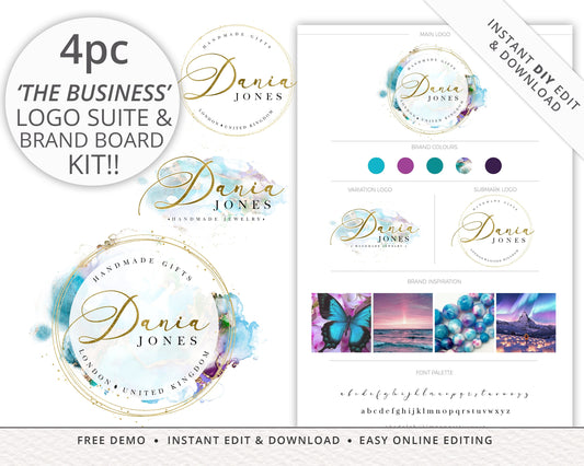 Editable 4pc Watercolor Marble Logos Suite & Brand Board / Style Tile Branding Package | Professional Kit | Premade Instant Edit - DJ-001