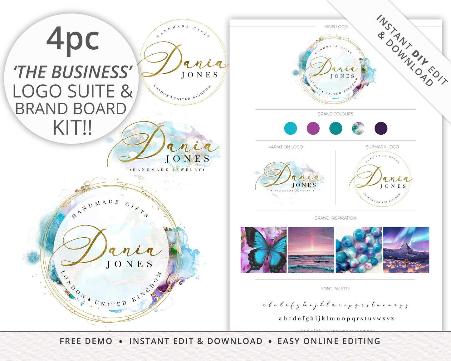 Editable 4pc Watercolor Marble Logos Suite & Brand Board / Style Tile Branding Package | Professional Kit | Premade Instant Edit - DJ-001