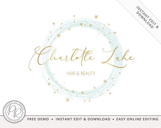 Editable Turquoise and Gold Watercolor Watermark Premade Logo  |  Instant Edit Online |  Premade Logo - 5 Colors  | Custom Logo CL-001