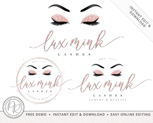 3 x Logo Suite Glitter Rose Gold Premade Lash Technician Logo | Instant Edit Yourself Online | Custom Boutique logo | Edit Template LM-001