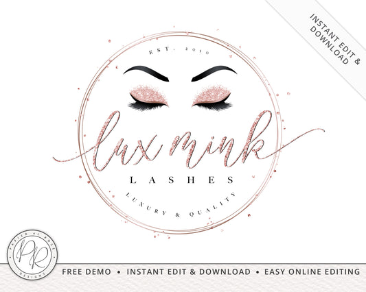 DIY Rose Gold Lash Round Logo Design | Instant Edit Yourself Online |  Premade Beauty Logo| Glitter Lashes Logo | Editable Template - LM-001