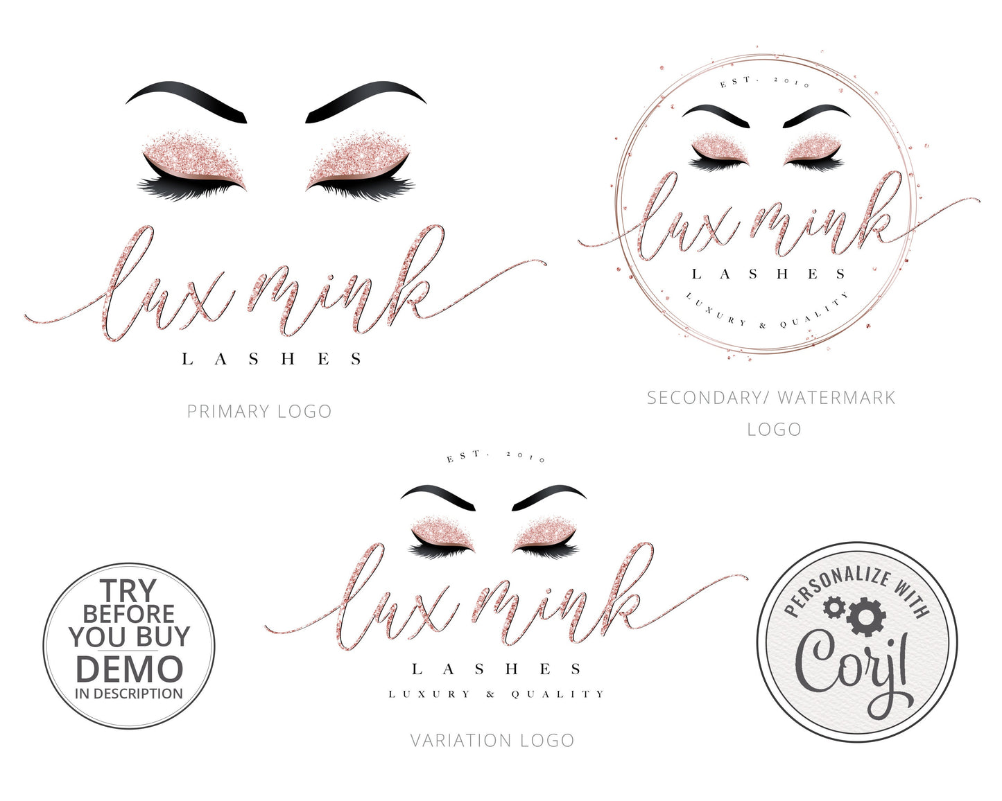 11pc Full Branding Set Instant Download Rose Gold Glitter Beauty / Lash Logo Kit  |  DIY Editable Template  | Premade Business logo LM-001