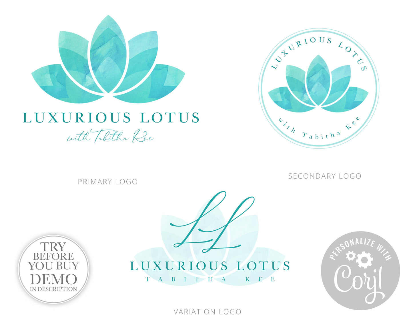 DIY 3 x Logo Suite Instant Edit & Download Watercolor Lotus Spa  |  DIY Edit Yourself Online!  Premade Startup Business Logo LL-002