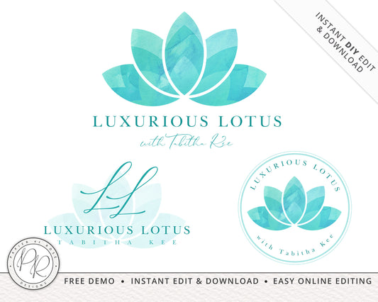 DIY 3 x Logo Suite Instant Edit & Download Watercolor Lotus Spa  |  DIY Edit Yourself Online!  Premade Startup Business Logo LL-002