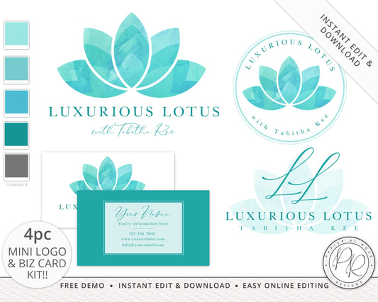 DIY 4pc Logo Suite & Business Card Instant Download Lotus Spa Watercolor Splash Branding Kit  |  Premade Logo Kit | DIY Edit LL-002