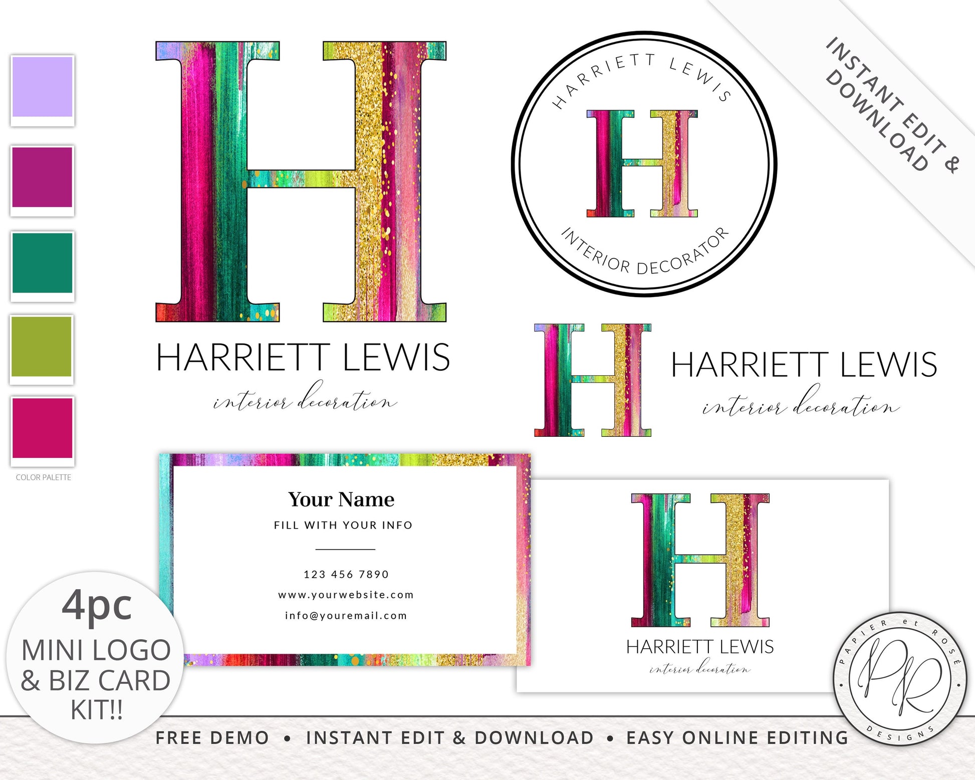 DIY 4pc Logo Suite & Business Card Instant Download Branding Kit Colorful Modern Logo  |  Premade Logo | Edit yourself Online HL-001