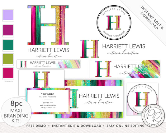 8pc Maxi Branding Kit Colorful Modern Design  | DIY Instant Edit Yourself Online!  | Premade logo | Boutique Custom Logo | HL-001