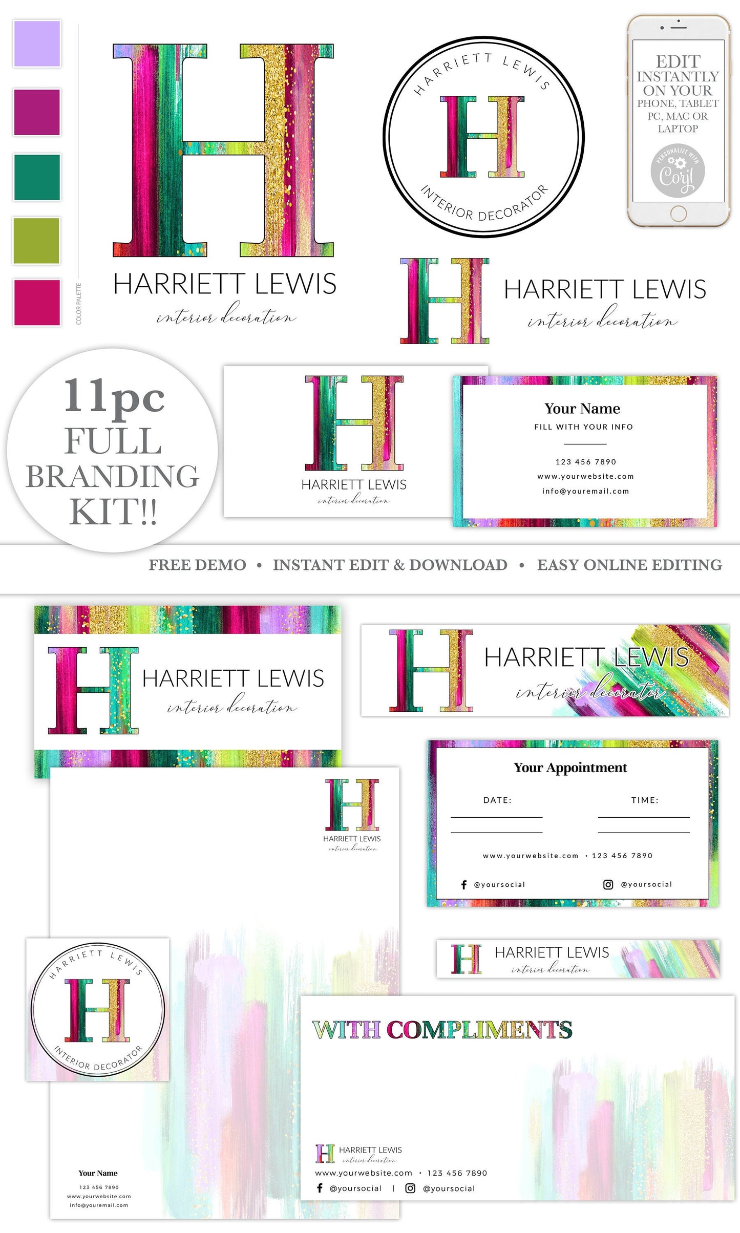 DIY Full Branding Kit Instant Edit & Download Colorful Modern Branding  |  Edit Yourself Online  | Premade Business Logo HL-001