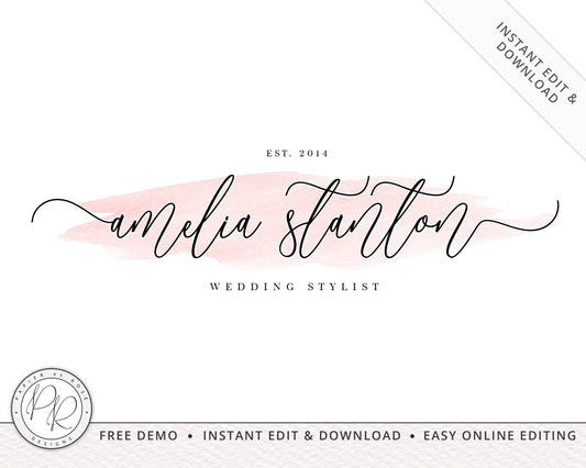 Editable Gold Foil Blush Watercolor Splash Logo Design Instant Download | DIY Editable Template |  Premade Logo | Rose Gold Logo - PR0150