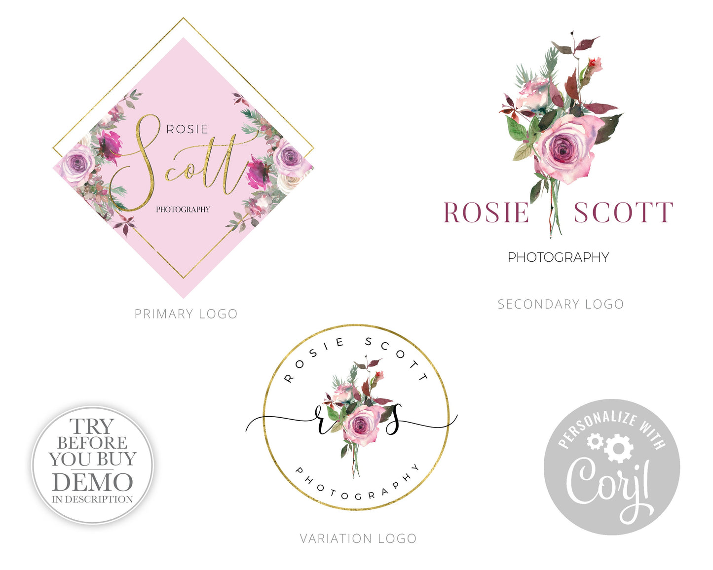 4pc Geometric Watercolor Floral Logo Suite & Business Card Branding Kit  |  Premade Logo | Instant Edit yourself Online | Editable RS-001