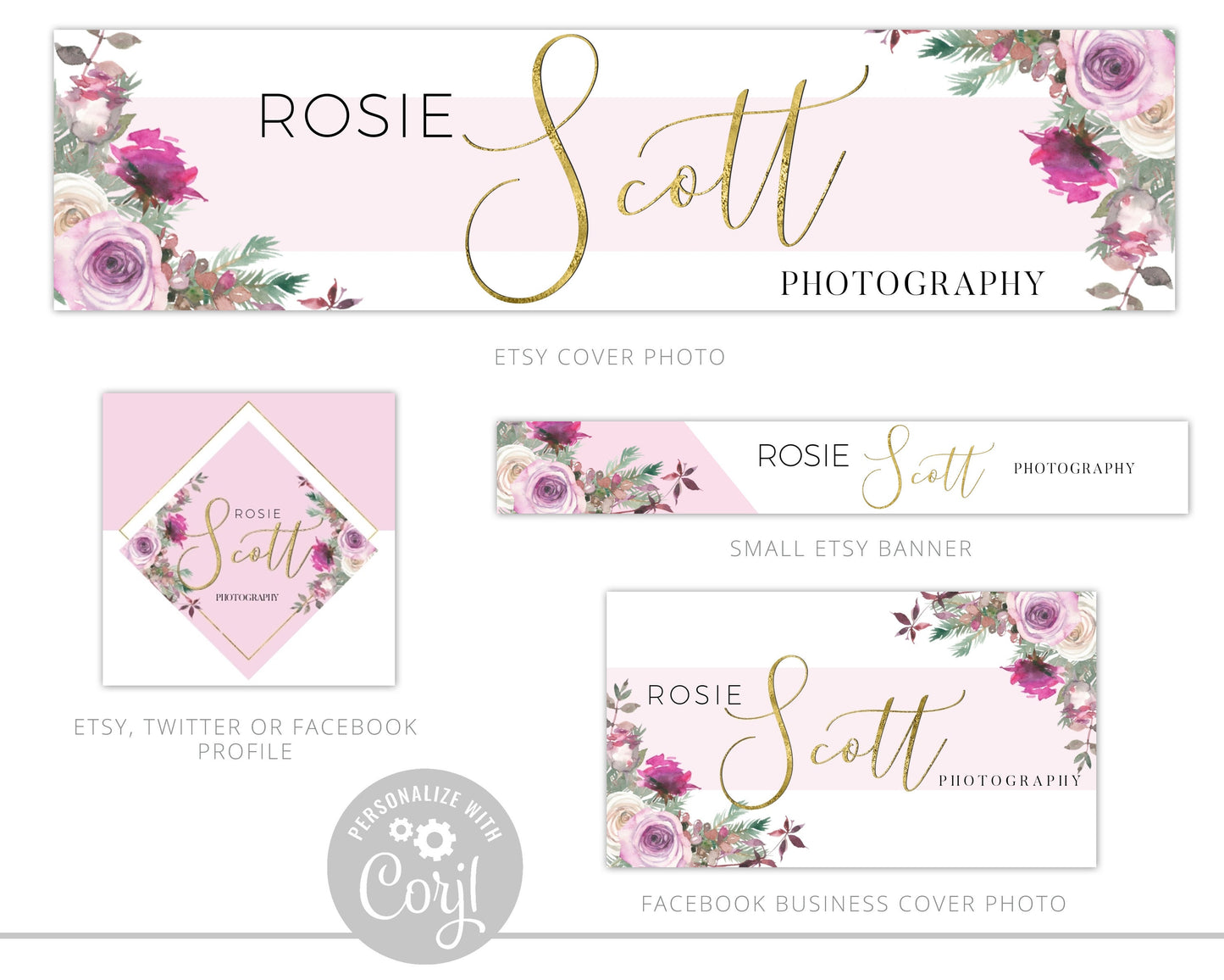 8pc Maxi Branding Package Instant Edit & Download Geometric and Watercolor Floral  | Edit Yourself Online! | Premade Business logo RS-001