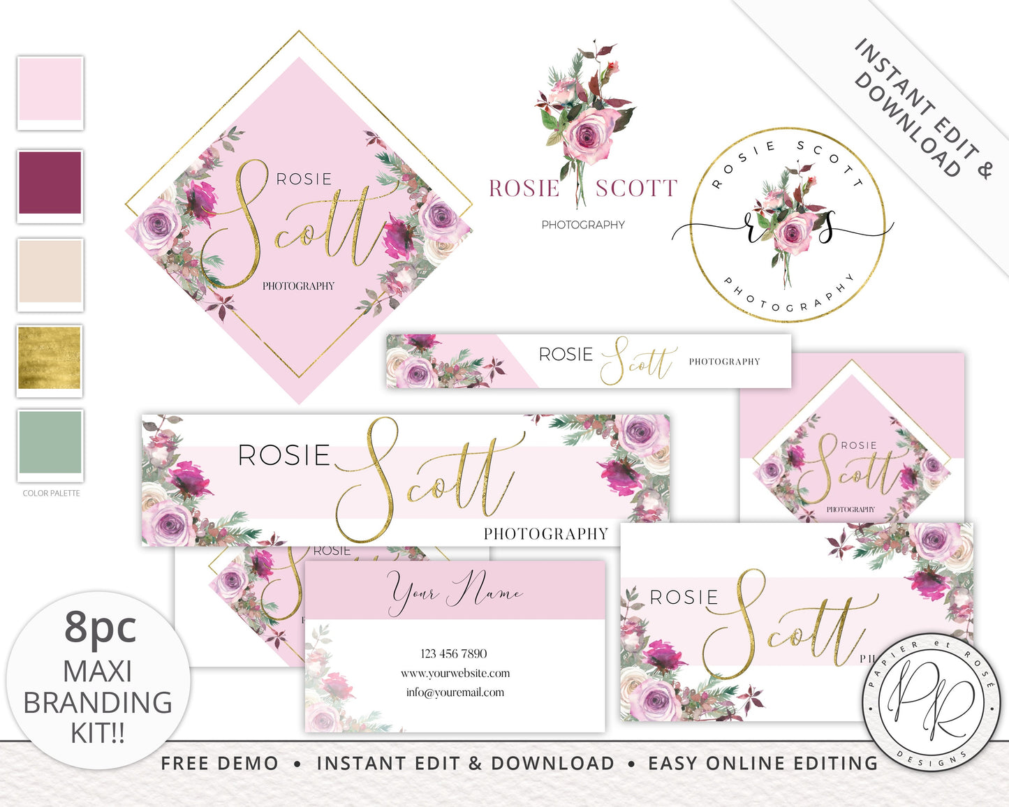 8pc Maxi Branding Package Instant Edit & Download Geometric and Watercolor Floral  | Edit Yourself Online! | Premade Business logo RS-001