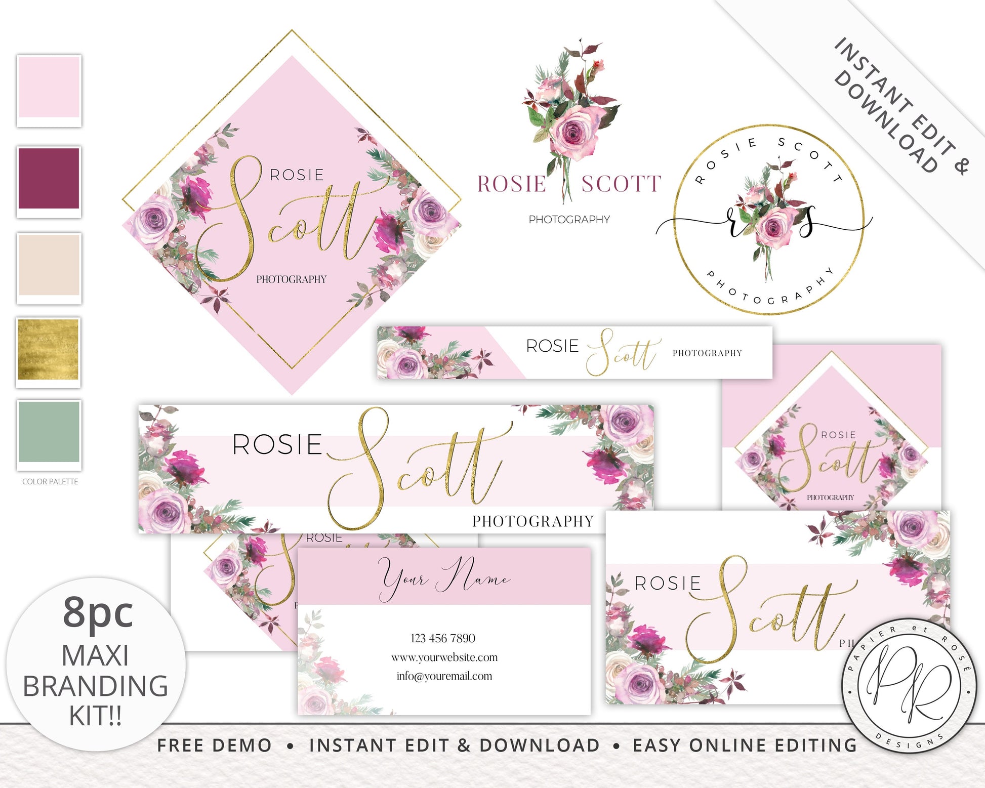 8pc Maxi Branding Package Instant Edit & Download Geometric and Watercolor Floral  | Edit Yourself Online! | Premade Business logo RS-001