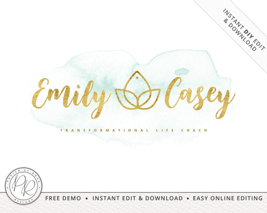 DIY Green Watercolor & Gold Sparkle Foil Logo Design Instant Download | DIY Editable Template |  Premade Logo | Foliage Logo EC-001