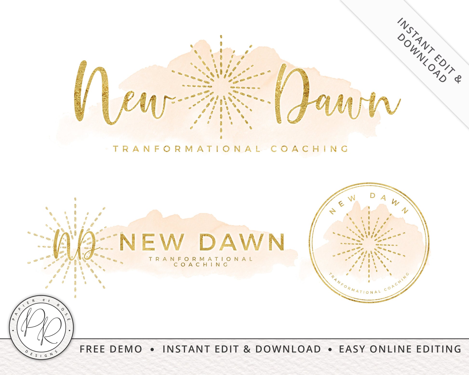 Editable Logo Suite 3 x Watercolor & Gold Foil Premade Logo | Instant Edit Yourself Online | Custom Boutique logo | Editable Template ND-001