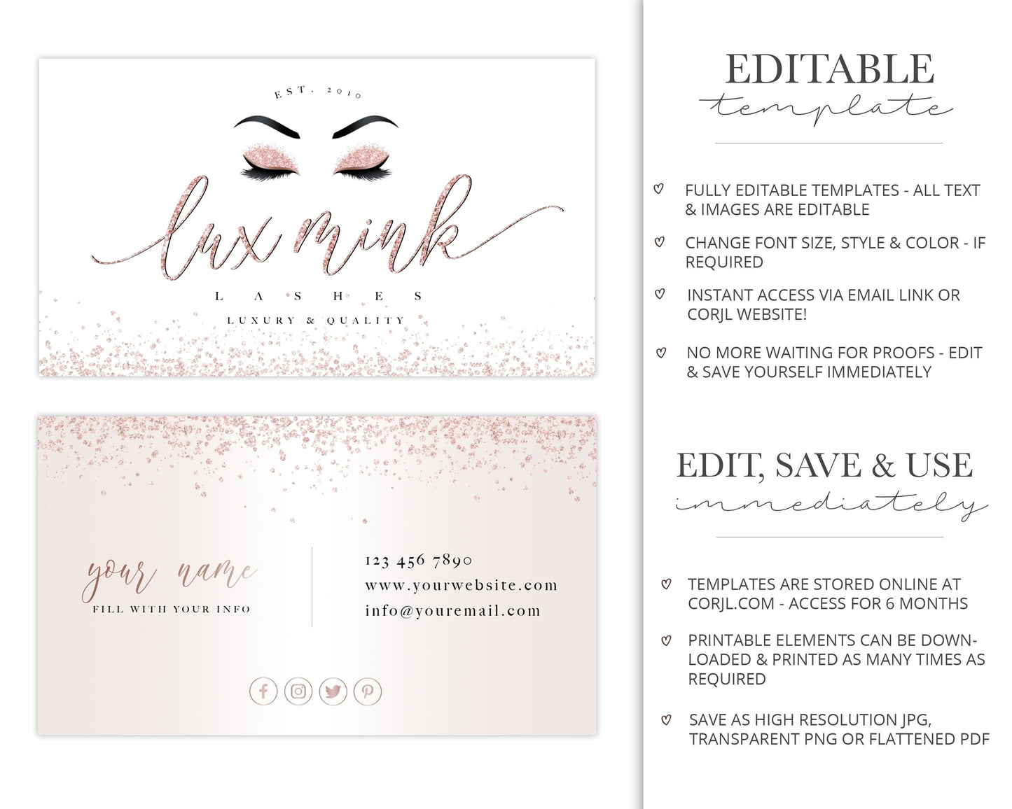 Rose Gold Glitter Lash Business Card Template Design Instant Download |  Premade Business Card | Glitter Lashes | Editable Template LM-001