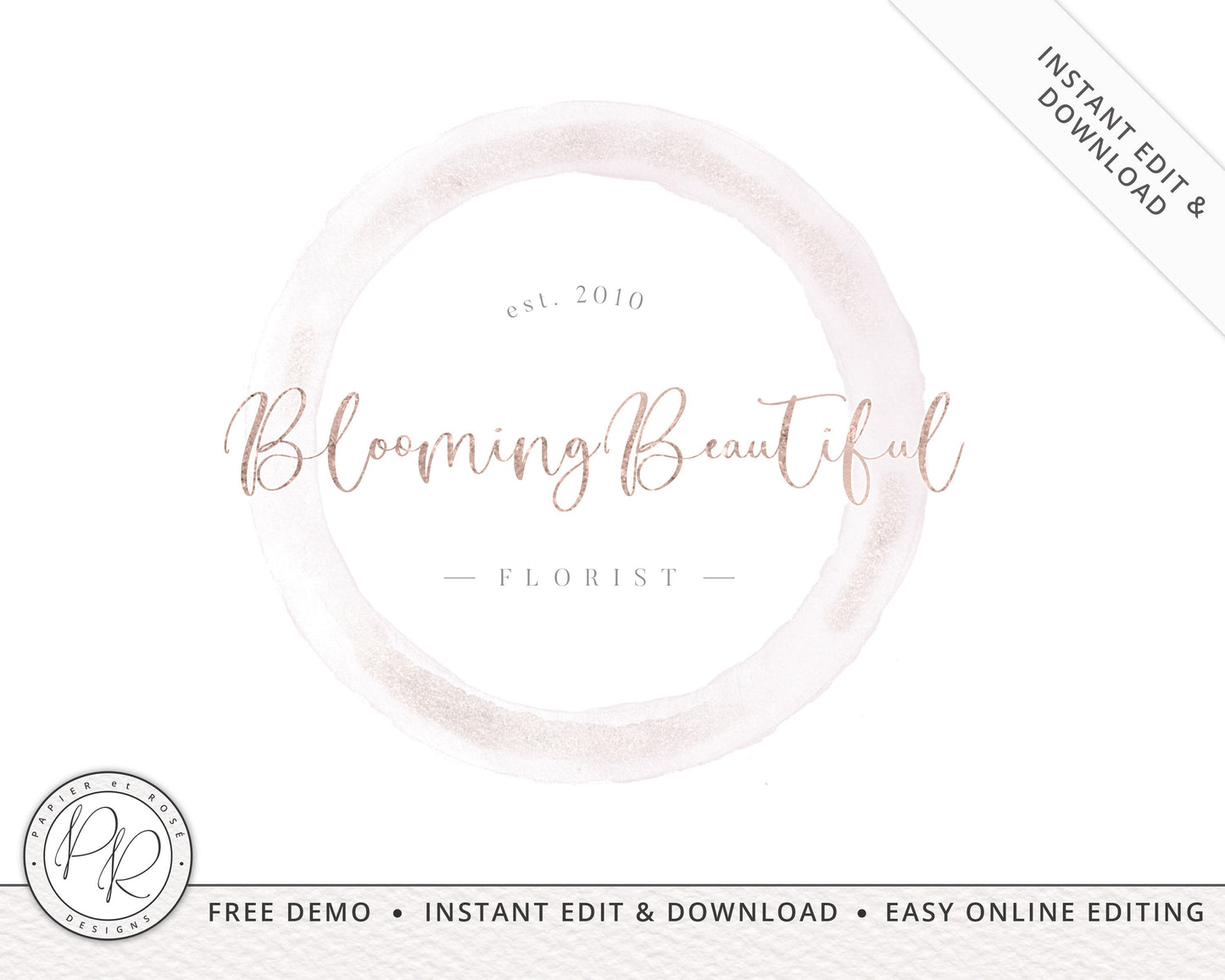 Editable Premade Pink & Rose Gold Watercolor Round Logo  |  Instant Edit Online  | Custom Logo Design | Boutique Logo | Editable PR0102