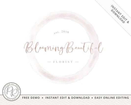 Editable Premade Pink & Rose Gold Watercolor Round Logo  |  Instant Edit Online  | Custom Logo Design | Boutique Logo | Editable PR0102