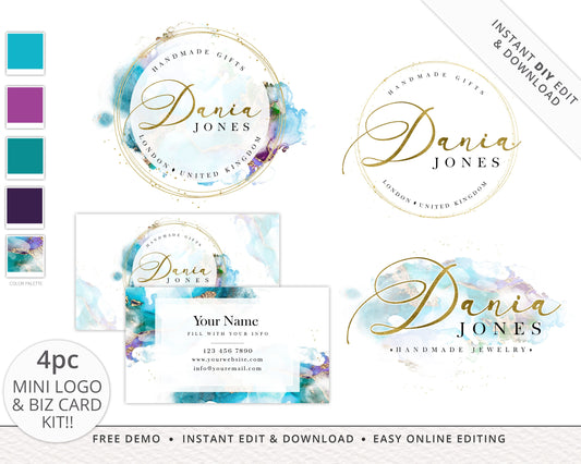 4pc Marble Watercolor & Gold Foil Logo Suite + Business Card Instant DOWNLOAD Branding Kit  |  Premade Logo | DIY Editable Template DJ-001