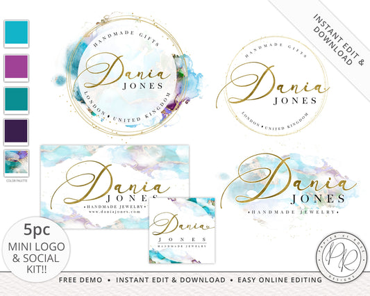 5pc Mini Kit Logos Suite & Social Package Marble Watercolor Gold Foil Branding  |  Premade Logo | Instant Edit Yourself | Custom DJ-001