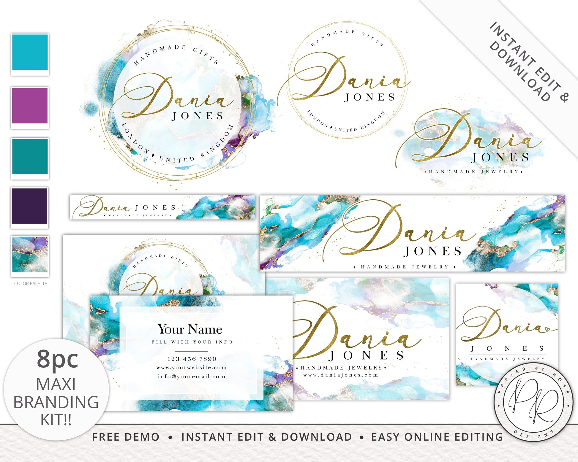 8pc Maxi Branding Kit Marble Watercolor Gold Foil Instant Download Logo Design  | DIY Editable Template | Premade logo | Brand Kit DJ-001