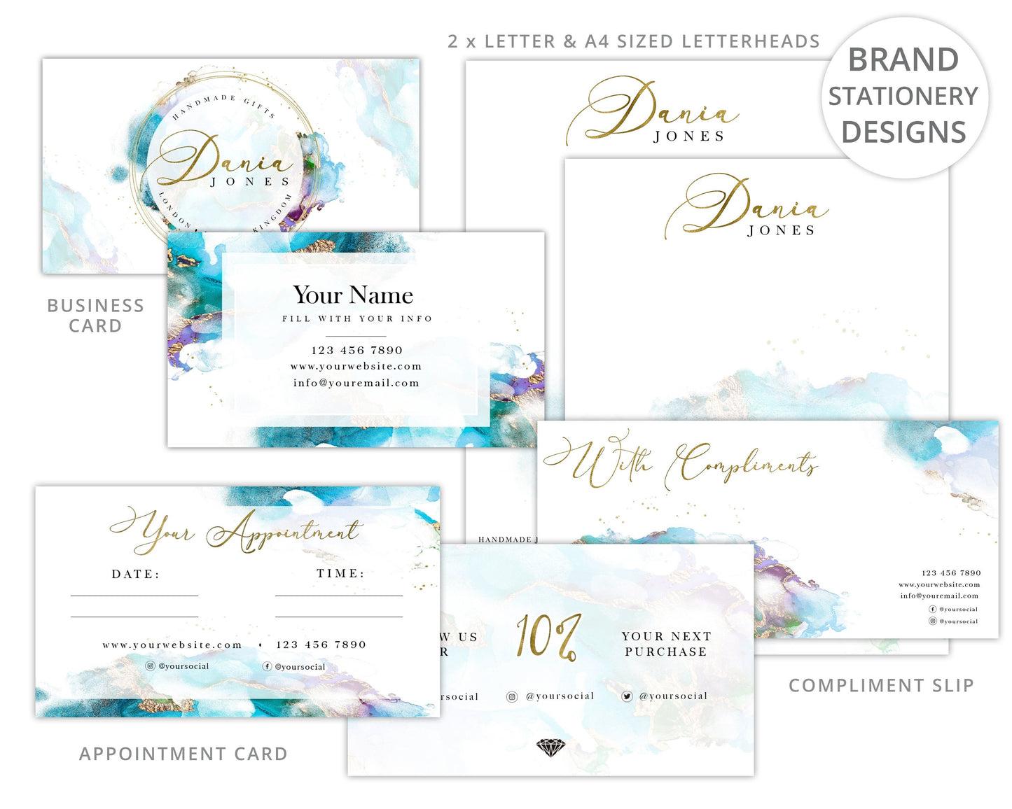 12pc Full Business Branding Set Instant Download Marble Watercolor Logo Kit  | DIY Editable Template  | Premade Business Startup logo DJ-001