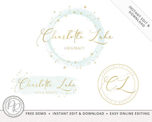 Editable 3 x Logo Suite Instant Download Turquoise and Gold Watercolor Circular Watermark Branding  |  Edit Online  |  Premade Logo CL-001