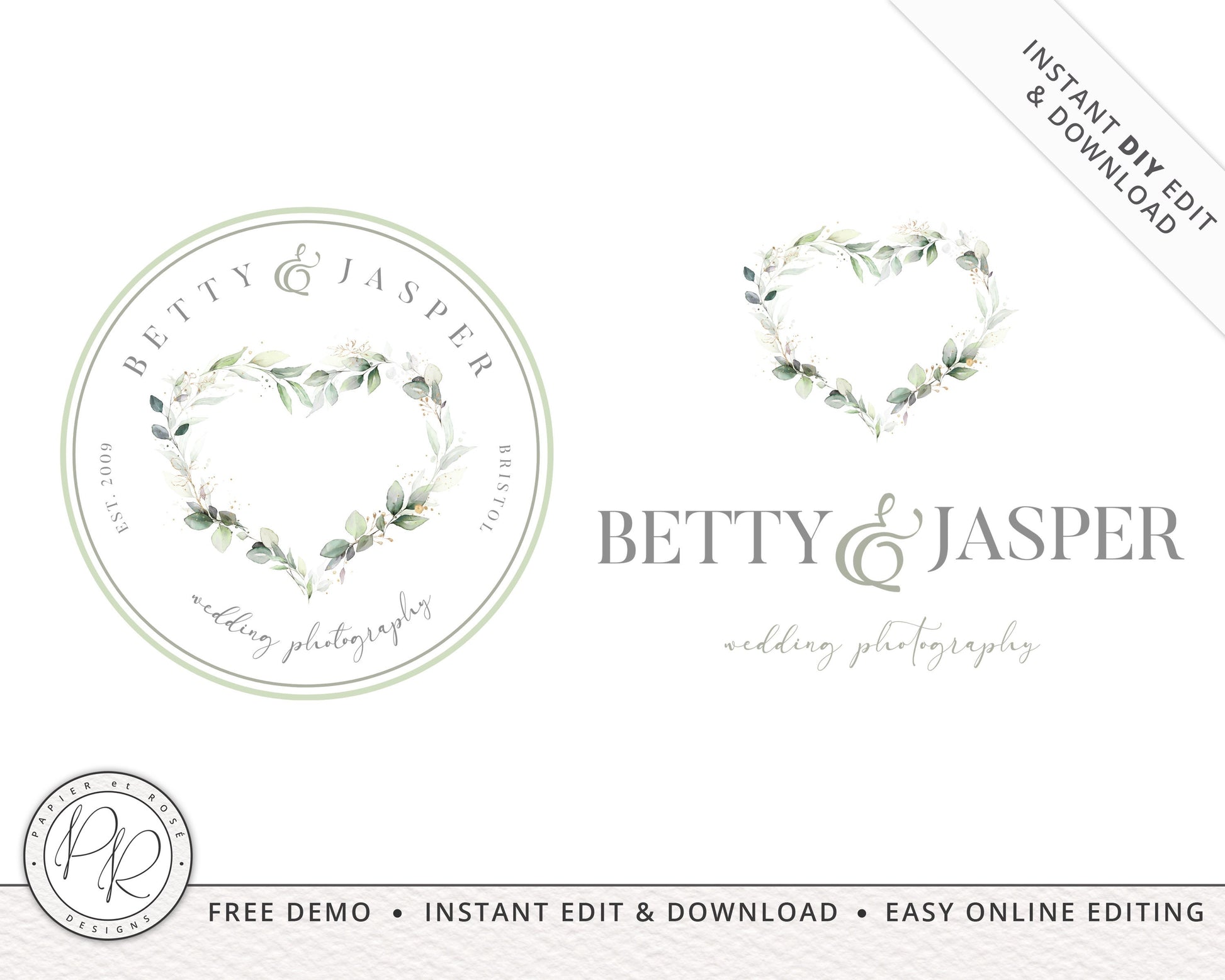 2 x Primary & Watermark Logo Kit - Elegant Watercolor Heart Premade Logos | Instant DIY Logo | Editable Brand Template BJ-001