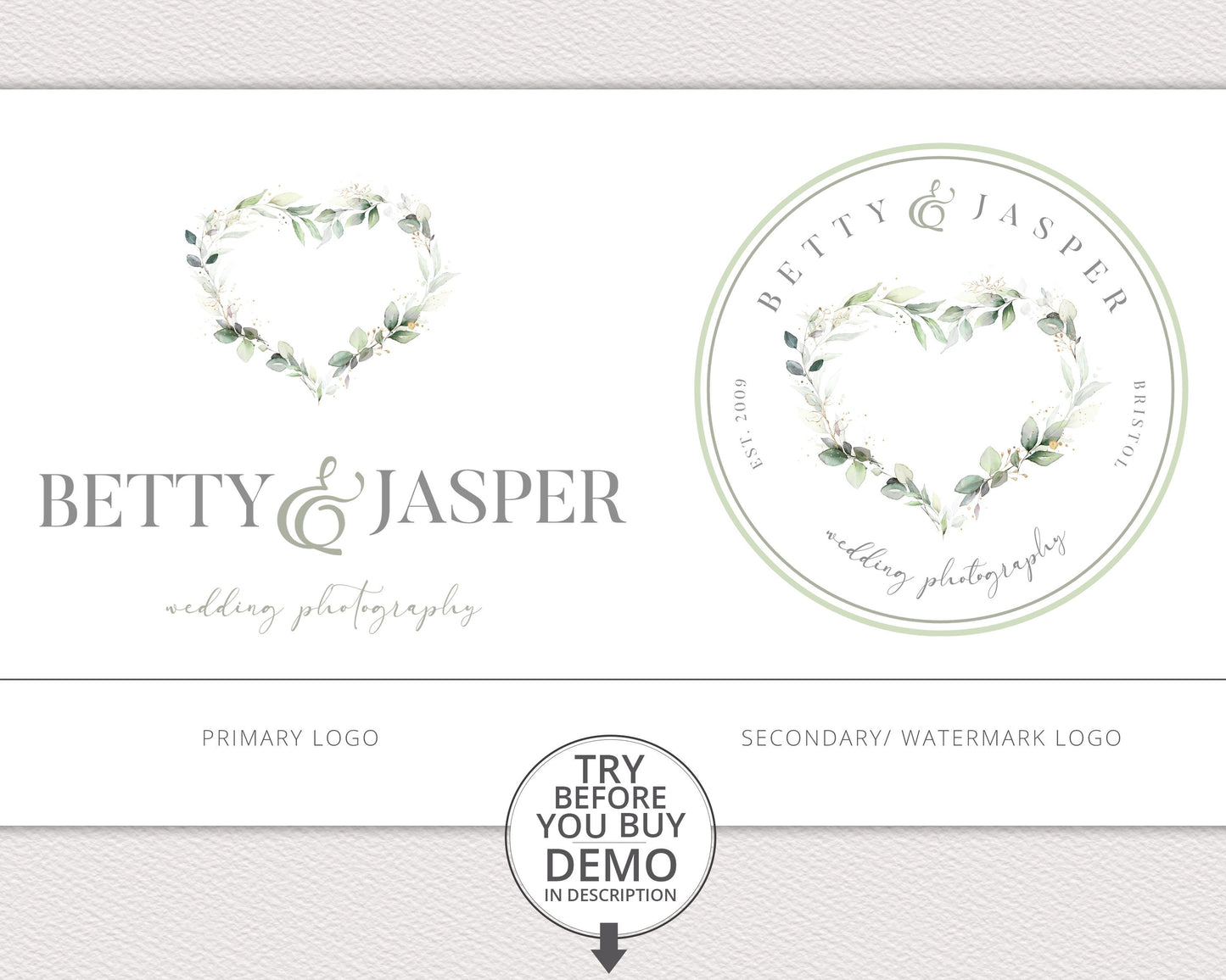 2 x Primary & Watermark Logo Kit - Elegant Watercolor Heart Premade Logos | Instant DIY Logo | Editable Brand Template BJ-001