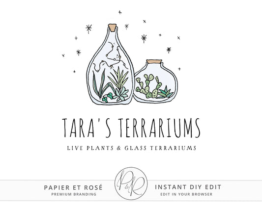 Editable Cute Plants Terrarium Kitsch Logo Template | Instant Download  | Watercolor Houseplant Logo Download DIY Premade Template - PR0377