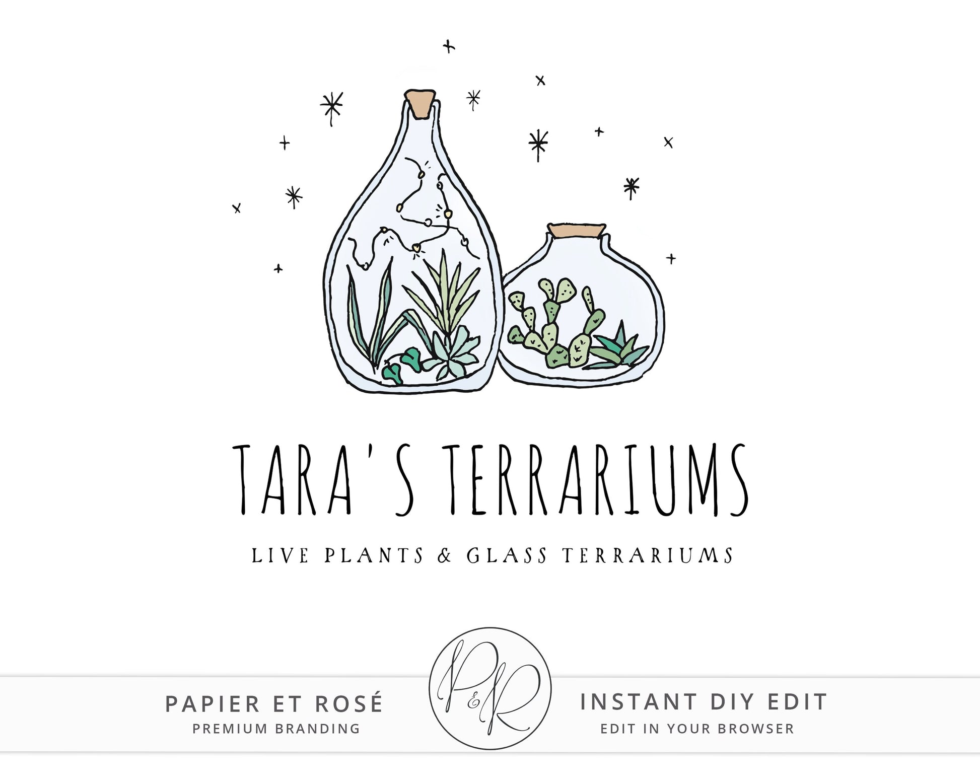 Editable Cute Plants Terrarium Kitsch Logo Template | Instant Download  | Watercolor Houseplant Logo Download DIY Premade Template - PR0377