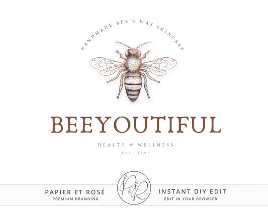 Editable Rustic Bee Farmhouse Logo Design Instant Download Business Logo | DIY Template |  Premade Logo | Foliage Logo BE-001