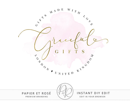 Editable Round Elegant Feminine Watercolor Pink & Gold Foil Logo Design Instant Download | DIY Logo Template |  Premade Logo - PR0372