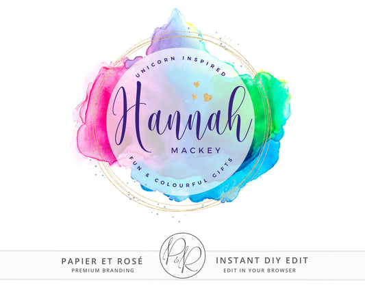 Editable Round Bright Rainbow Marble Watercolor & Gold Foil Logo Design Instant Download | DIY Logo Template |  Premade Logo HM-001