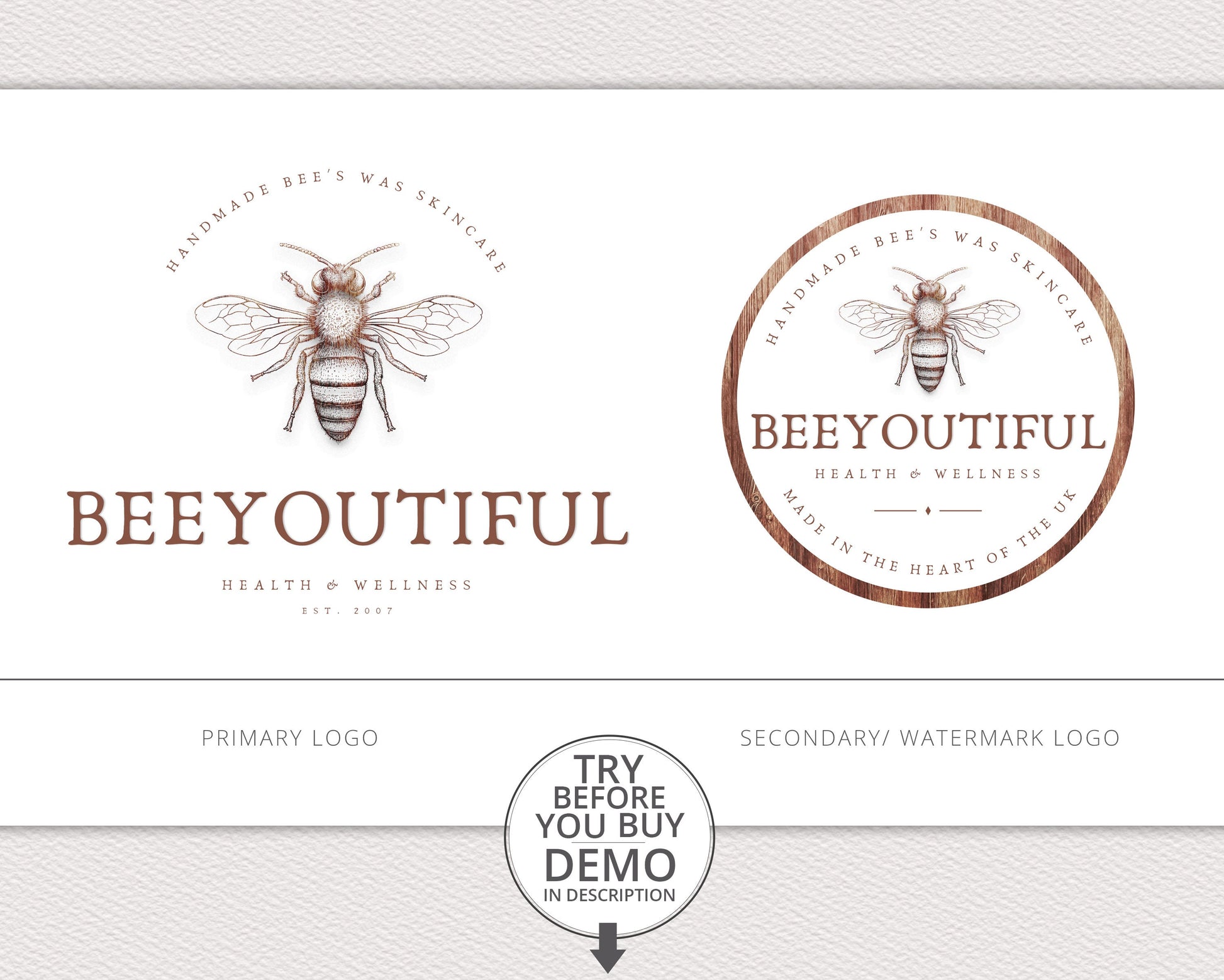 DIY 2 x Primary & Watermark Logo Kit - Rustic Bee Farmhouse Premade Logos | Instant DIY logo | Editable Brand Template - BE-001