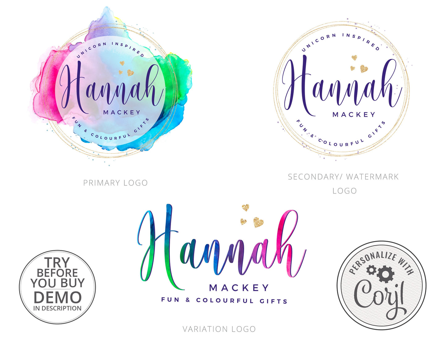 DIY Edit Digital Download 3 x Logo Suite Bright Rainbow Watercolor Splash Logos Branding | DIY Online Edit logo | Editable Template HM-001