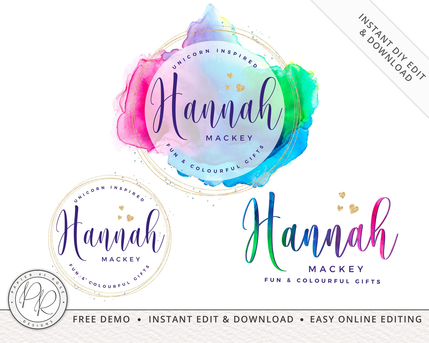 DIY Edit Digital Download 3 x Logo Suite Bright Rainbow Watercolor Splash Logos Branding | DIY Online Edit logo | Editable Template HM-001