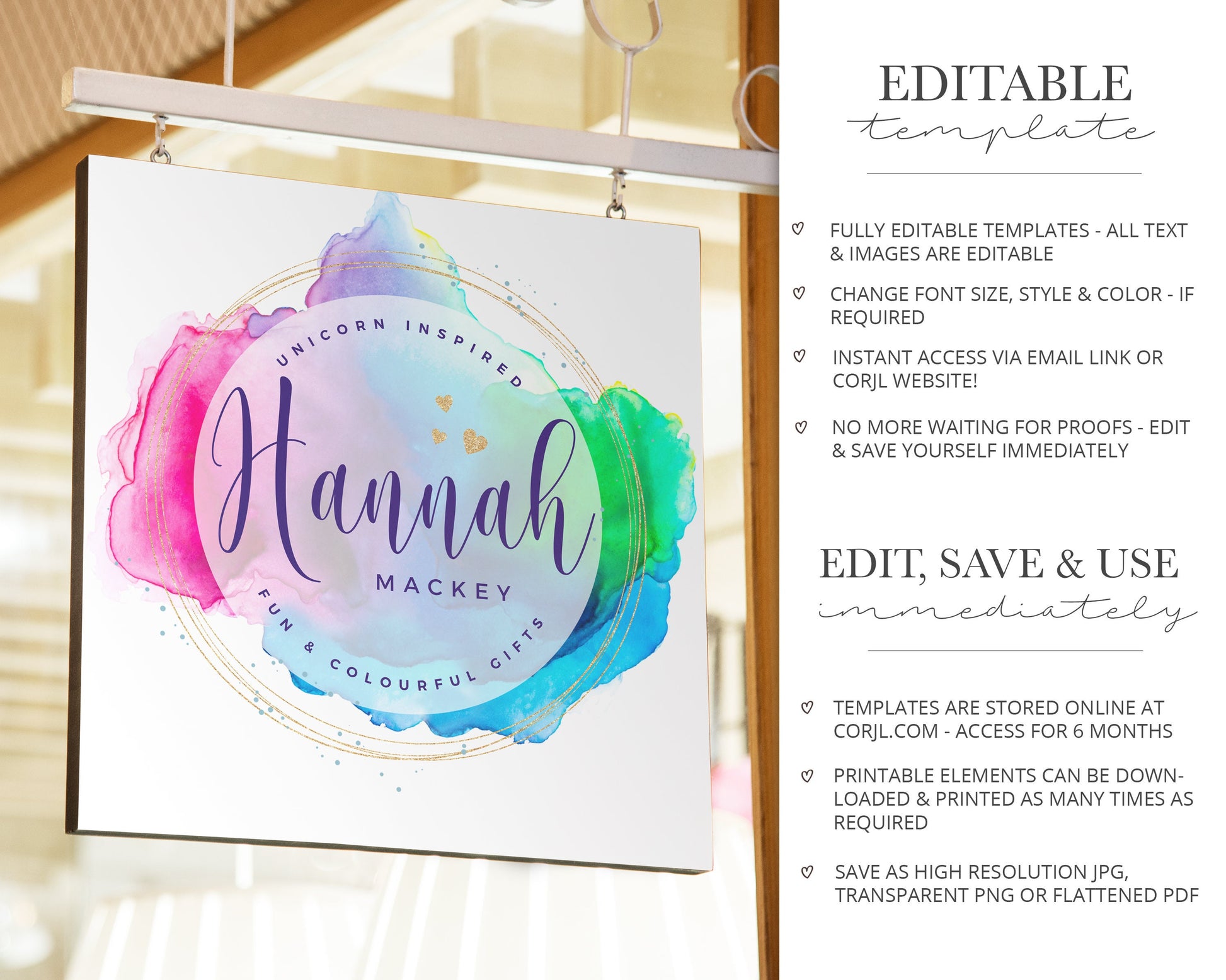 DIY Edit Digital Download 3 x Logo Suite Bright Rainbow Watercolor Splash Logos Branding | DIY Online Edit logo | Editable Template HM-001