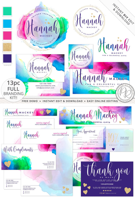 Editable 13pc Full Branding Set Instant Bright Rainbow Watercolor Logo Kit | DIY  Premade Business Startup logo Template HM-001