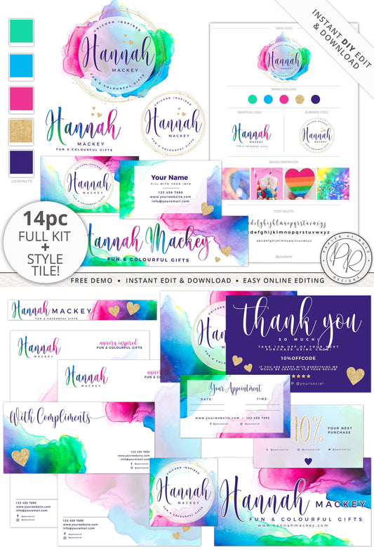 Editable 14pc Full Branding Plus Brand Board Rainbow Watercolor Logo Kit | DIY Instant Template  | Premade Business Startup logo HM-001