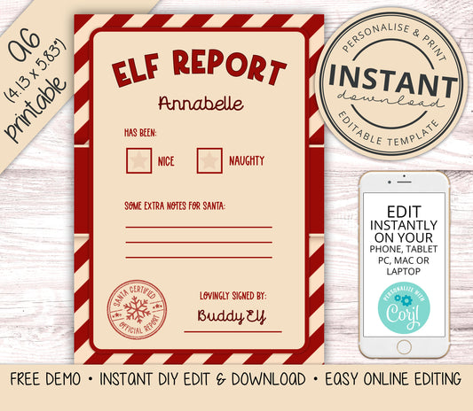 PRINTABLE Elf Report Slip EDITABLE A6 Instant Download DIY Editing Elves Update Elf Prop Ideas Elf Activity Elf Kit - PR0423