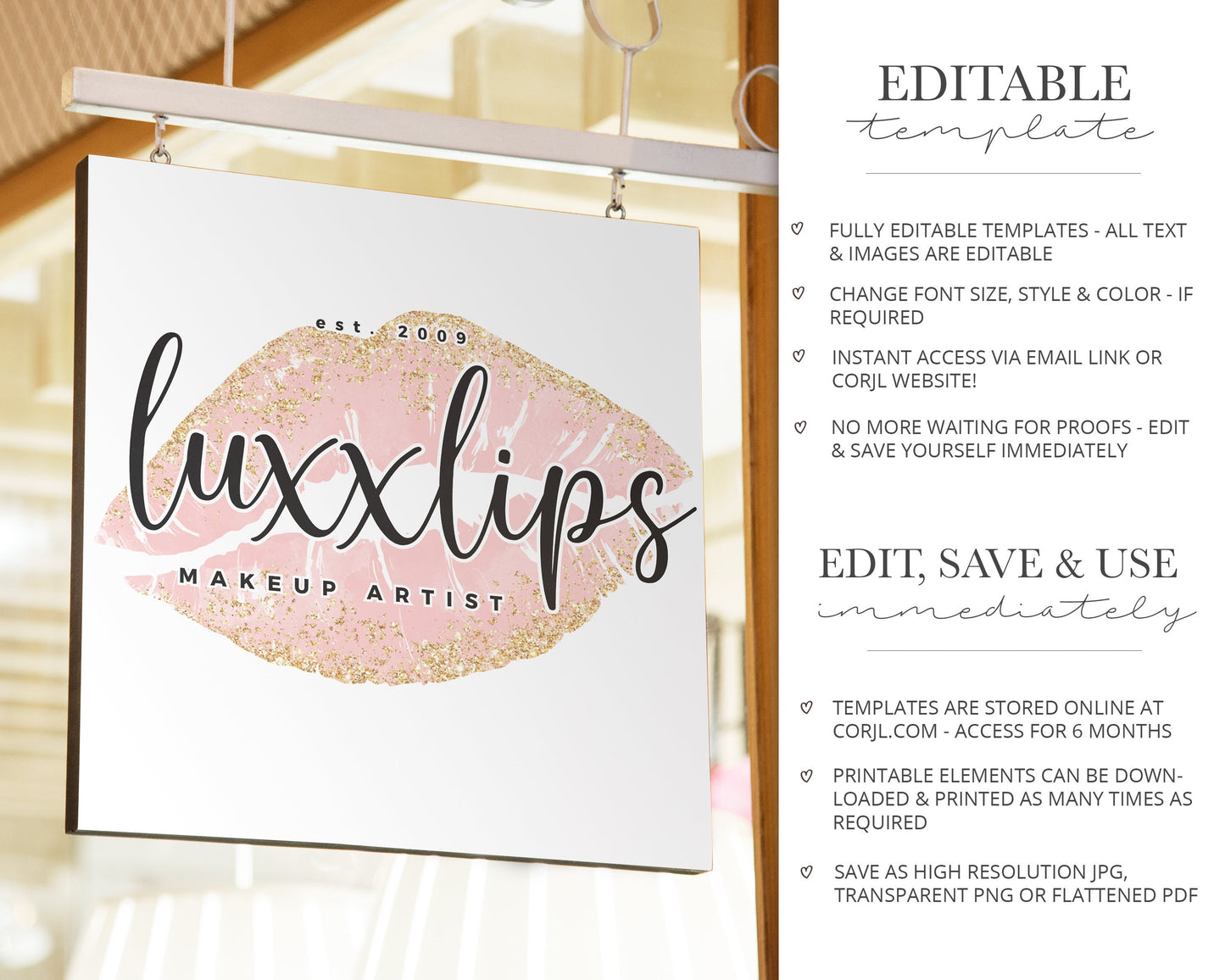 DIY Editable Lips Logo Makeup Artist Sparkle Pink & Gold Watercolor Design Instant Download | DIY Logo Template |  Premade Logo - PR0435